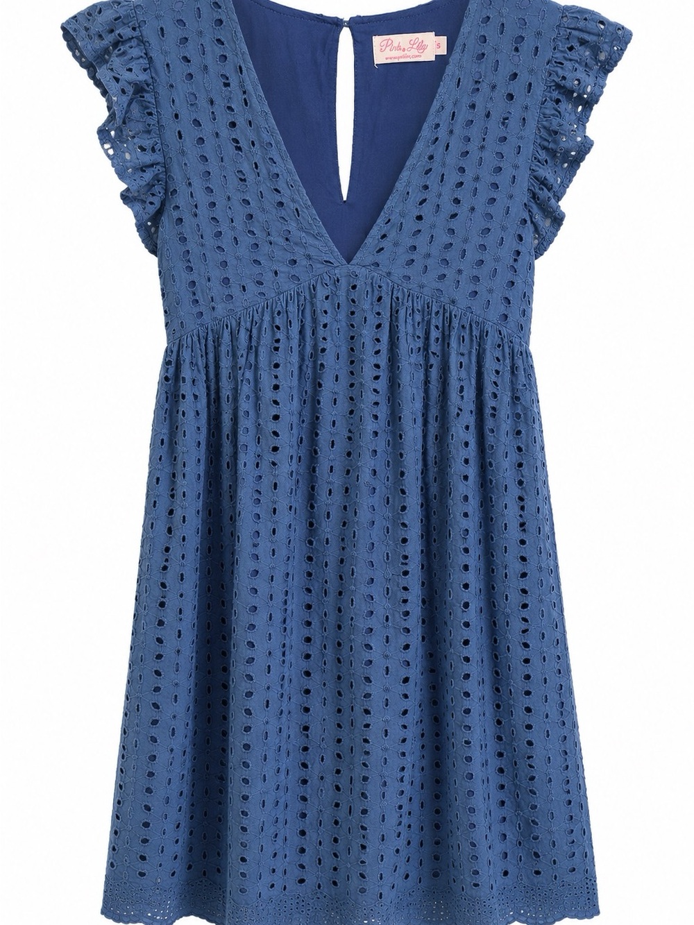 Pink Lily Blue Eyelet Romper Dress Built In Shorts Flutter Sleeve Small